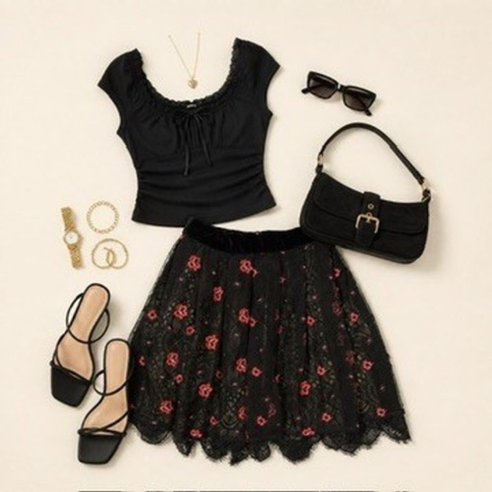 The Kooples Black Lace Floral Embroidered Mini Skirt Velvet Waist Size XS